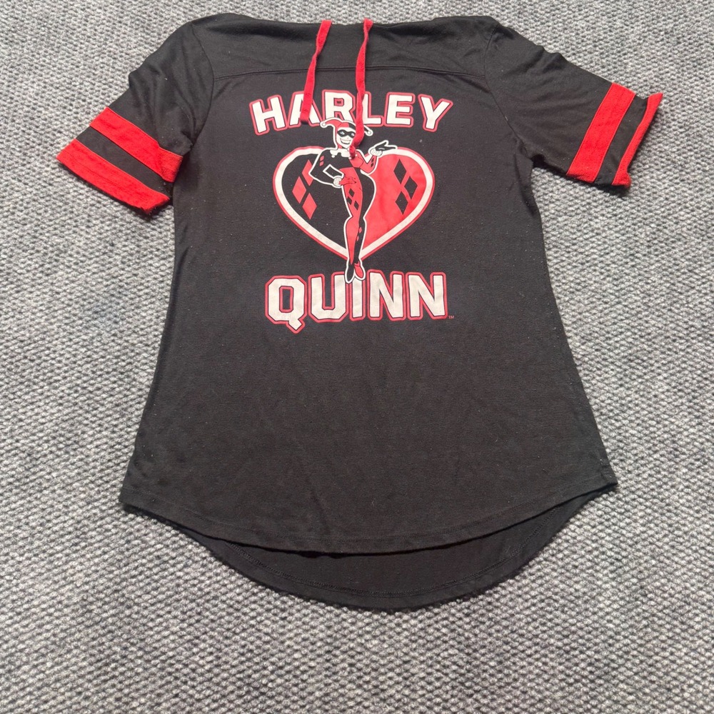 Harley Quinn DC Comics Graphic Hoodie Short Sleeve Varsity Stripe Black Red M